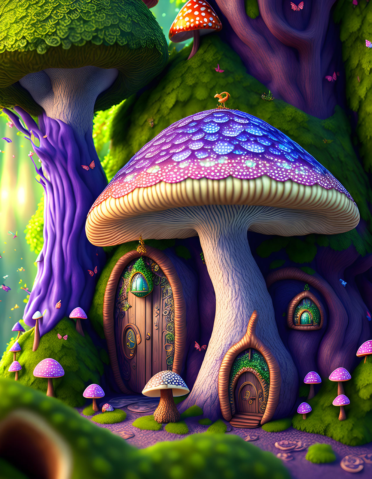 Fantasy scene with oversized mushroom house and whimsical trees