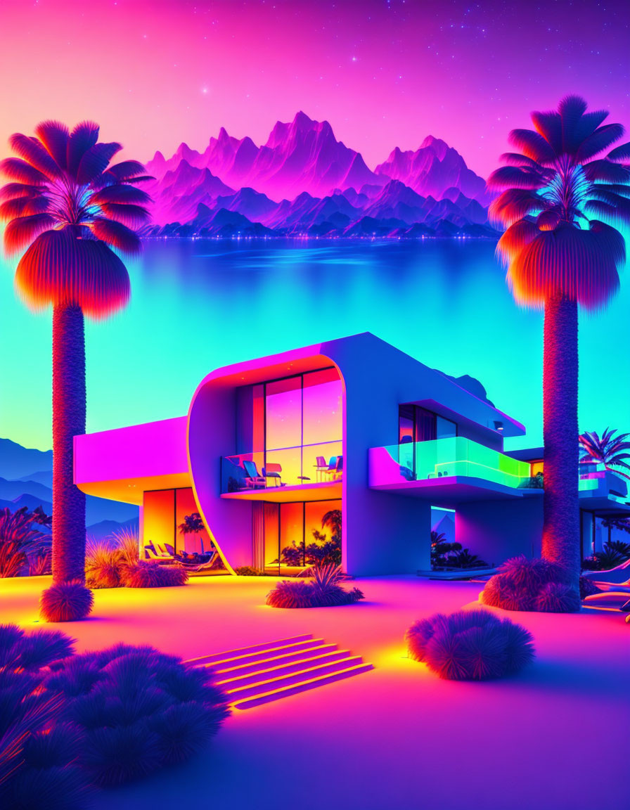 Neon-lit retro-futuristic landscape with modern house and purple mountain backdrop