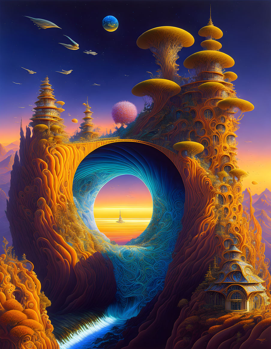 Fantastical landscape with mushroom structures and portal rock formation at sunset.