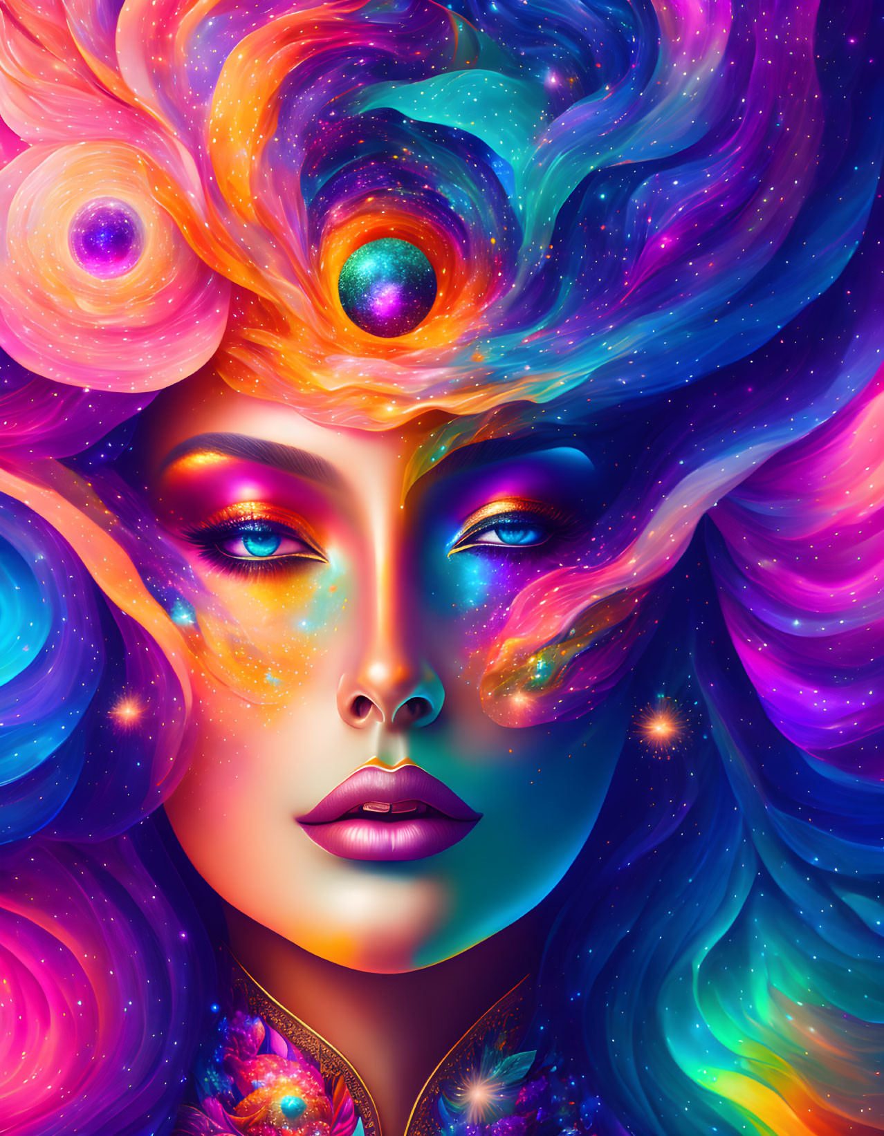 Colorful cosmic-themed makeup and hair art with stars and nebulas