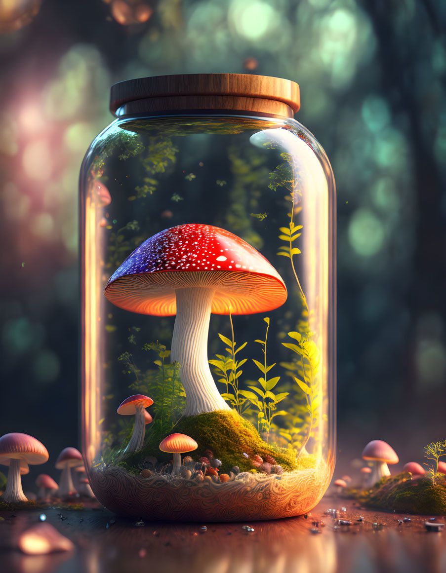 Vibrant red mushroom with white spots in sealed glass jar among plants with sunlight and blurred forest background