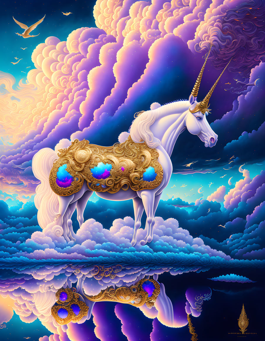 Majestic white unicorn with golden saddle in purple and gold clouds