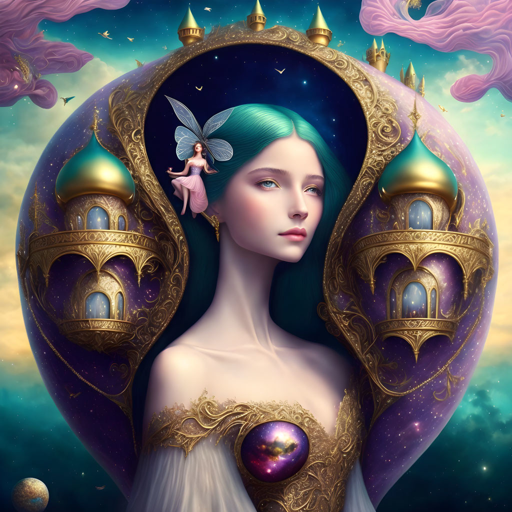 Fantastical blue-haired woman in golden egg-like structure with fairy and celestial elements