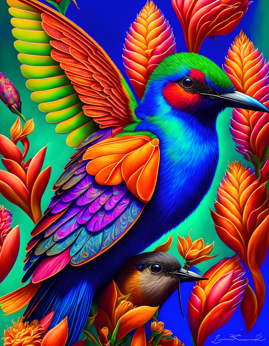 Vibrant digital painting of two birds in colorful flora on blue background