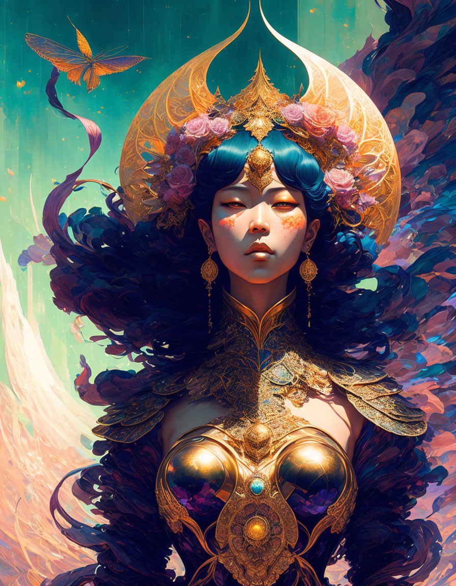 Illustrated woman with blue hair and gold ornaments, surrounded by mystical elements.