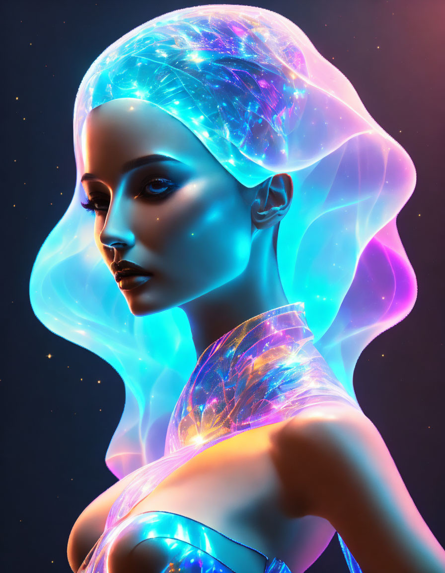 Glowing woman with blue and purple skin on dark backdrop