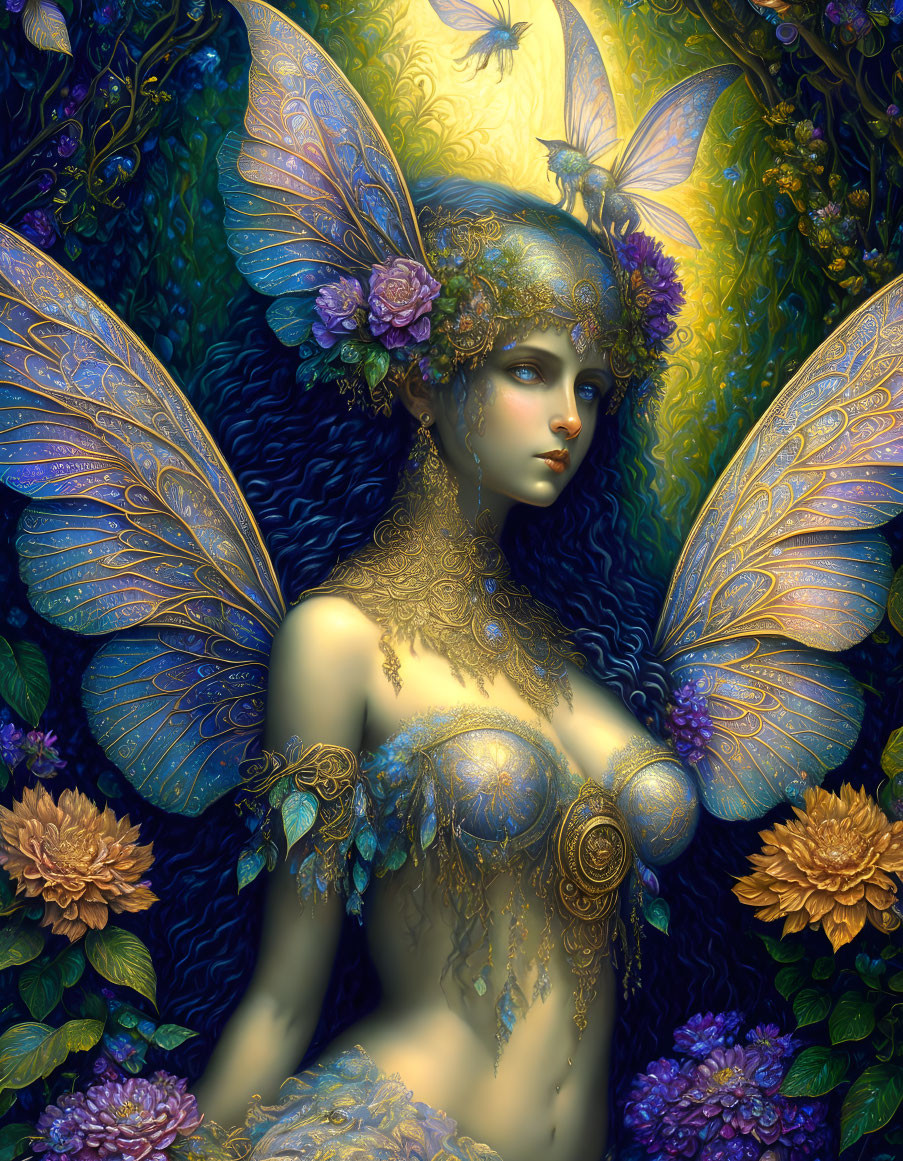 Iridescent butterfly-winged female figure with golden patterns on dark floral background