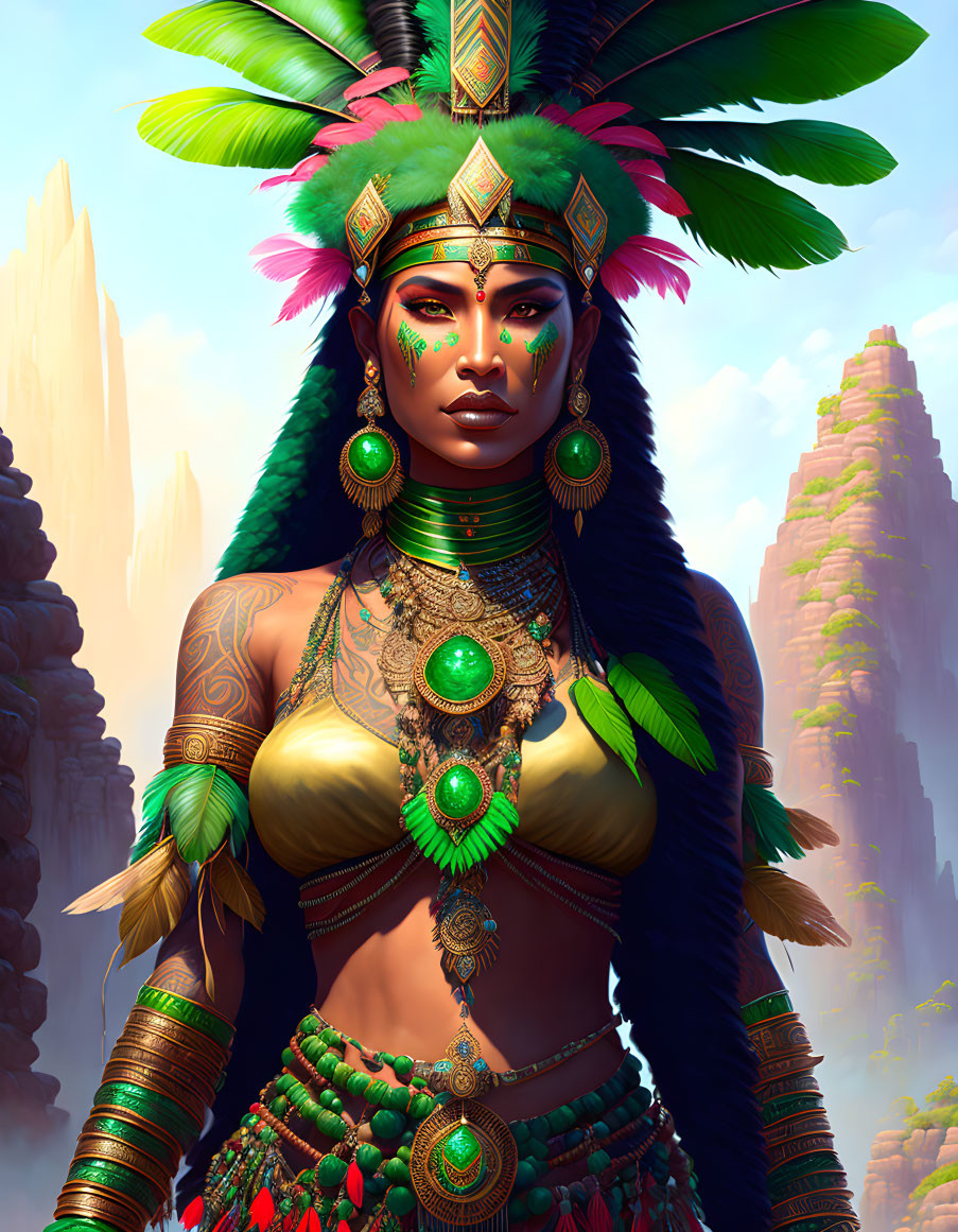 Digital artwork featuring woman with gold and emerald jewelry, tattoos, and feather headdress against mountain backdrop