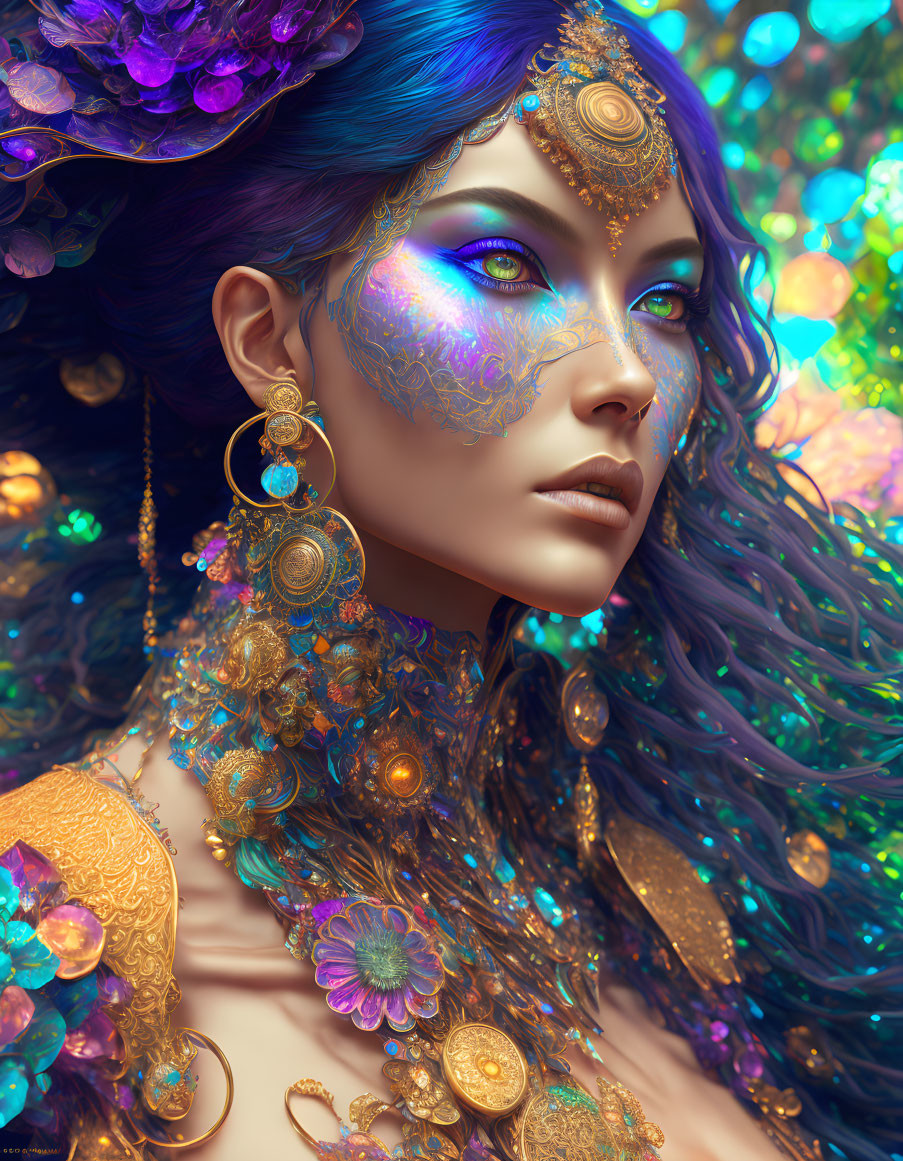 Colorful artwork of a woman with blue skin and gold jewelry in a vibrant setting