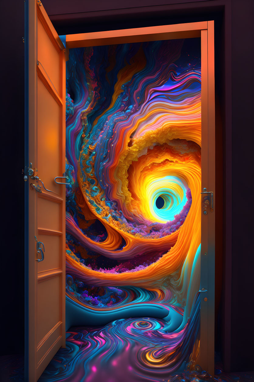 Vibrant swirling vortex of psychedelic colors and patterns behind an open door