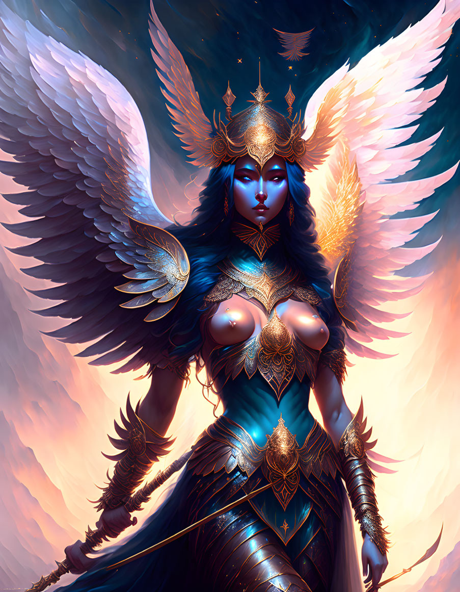 Winged fantasy figure in ornate armor on dynamic blue and orange backdrop