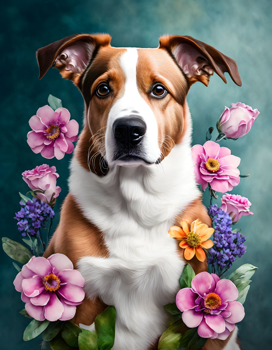 Brown and White Dog Portrait with Colorful Flowers on Teal Background