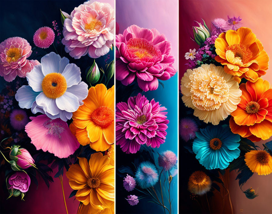 Four Vibrant Floral Paintings Against Dark and Bright Backgrounds