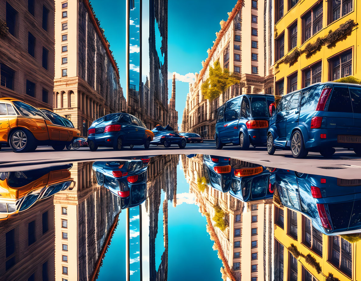 Urban scene: parked cars on glossy street, tall buildings, clear blue sky