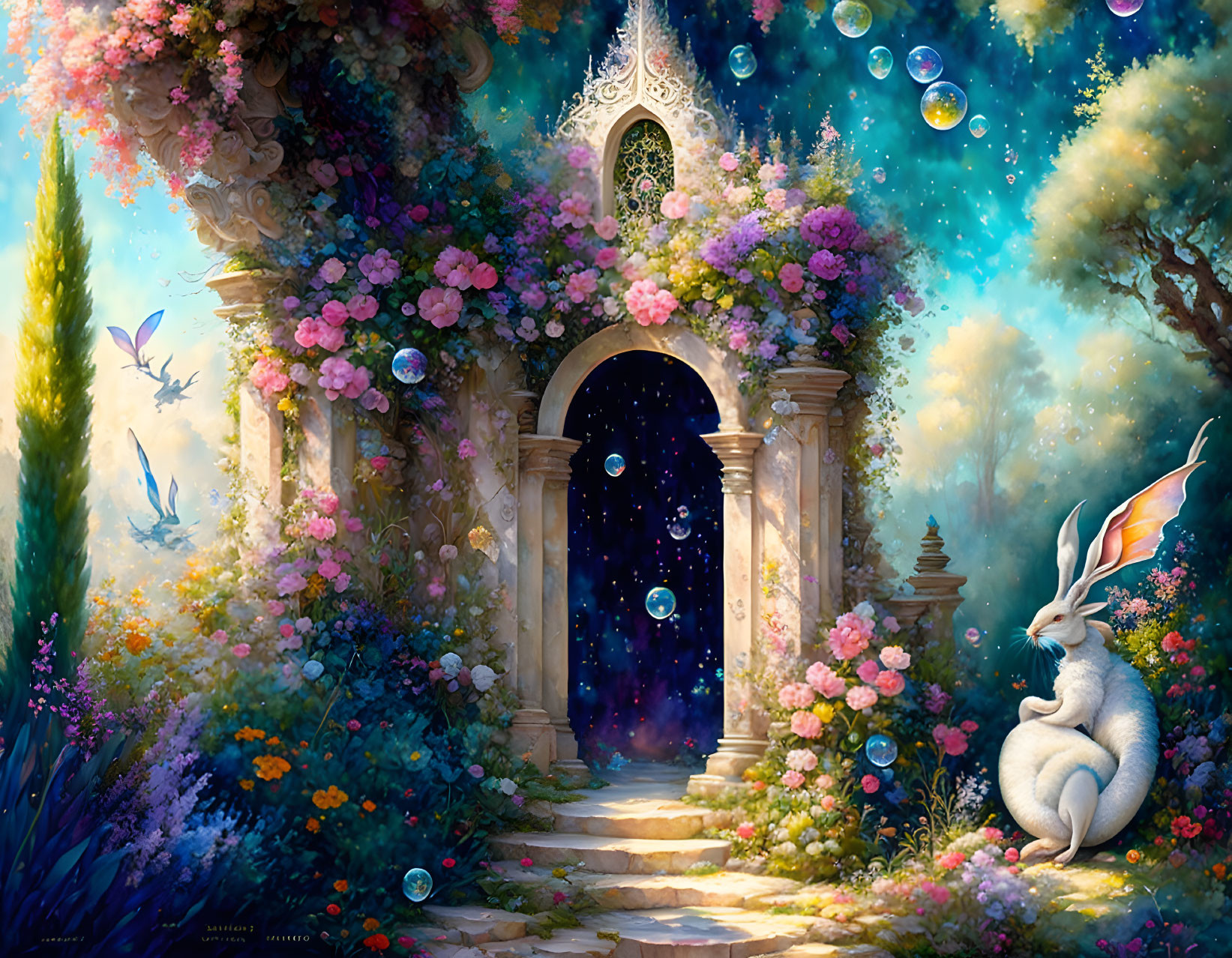 Mystical garden with archway, flowers, bubbles, butterflies, and white rabbit flag