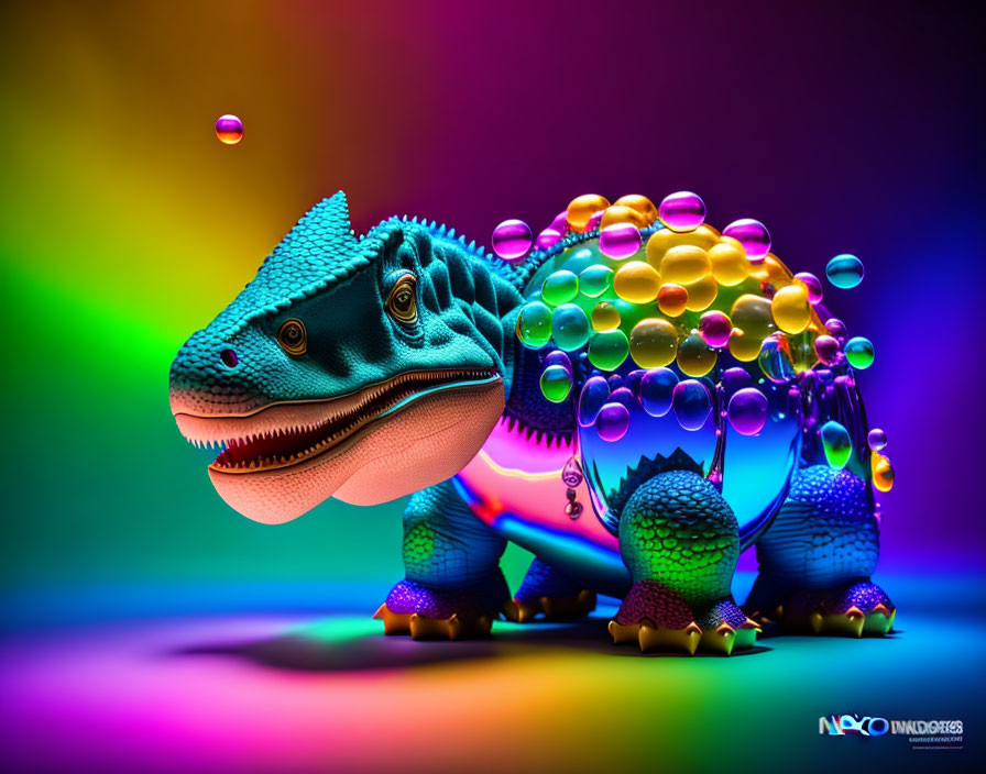 Colorful Dinosaur Covered in Soap-Like Bubbles on Vibrant Background