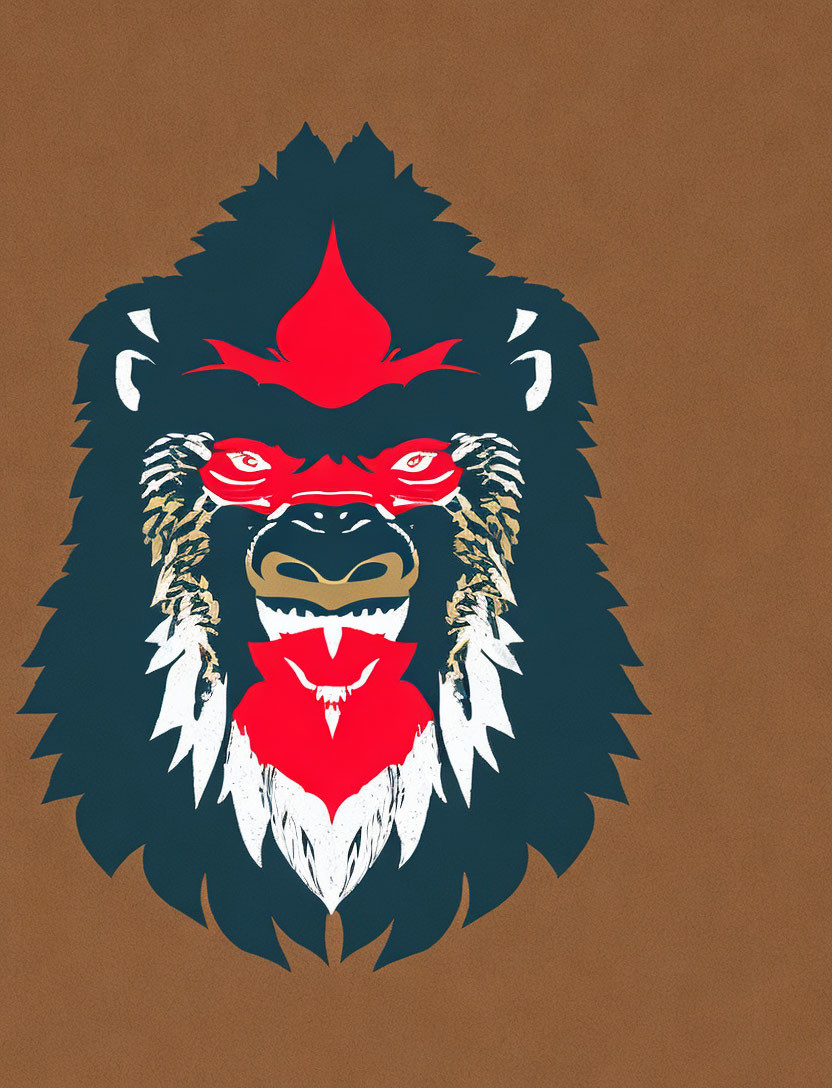 Stylized gorilla face with red eyes and flames on brown background