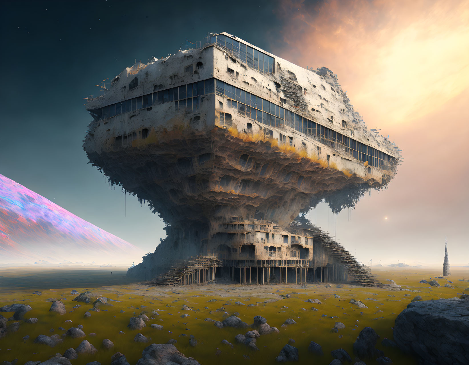 Abandoned futuristic building in barren landscape with distant planet rise