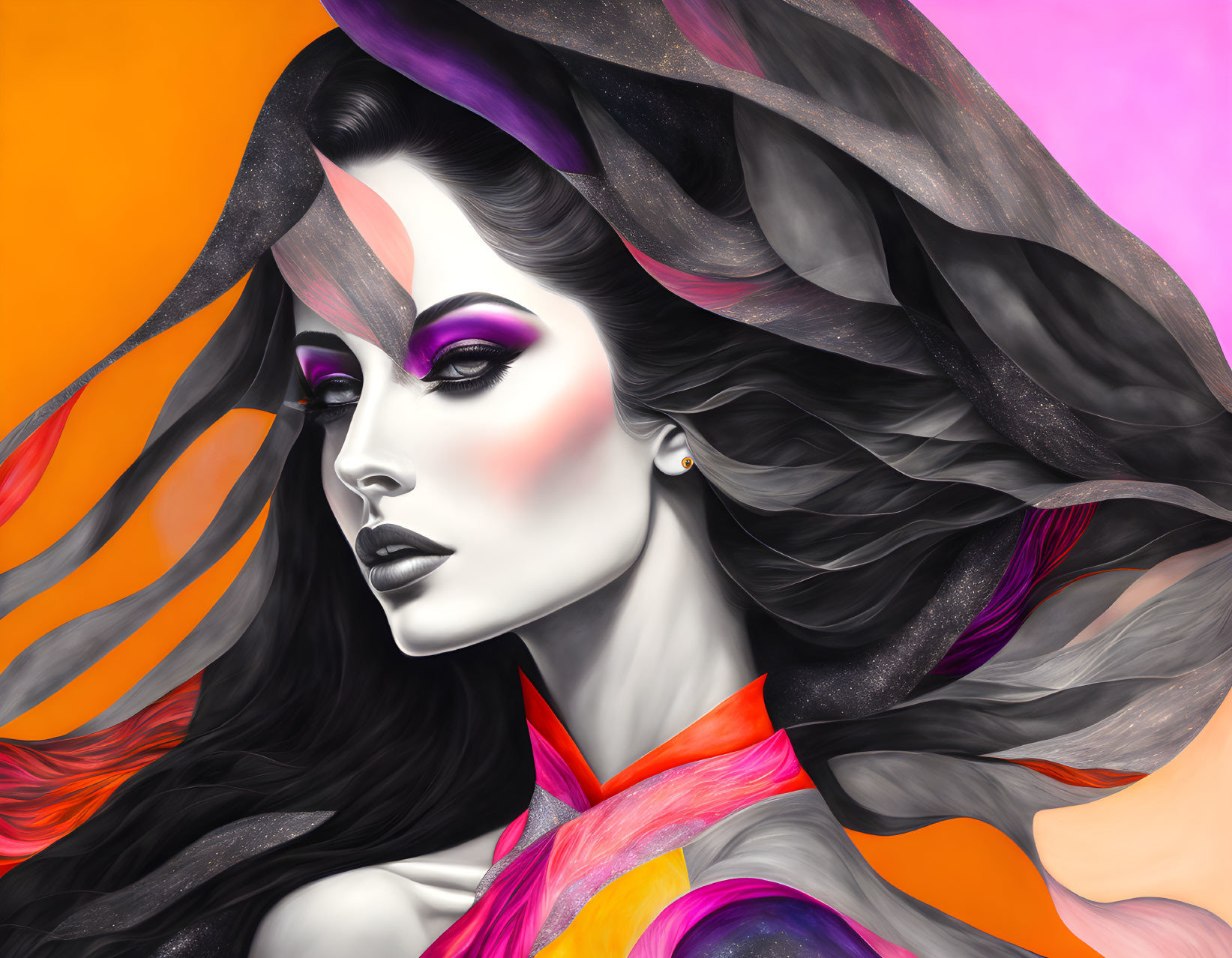 Vibrant woman with purple eyeshadow and flowing hair in abstract art.