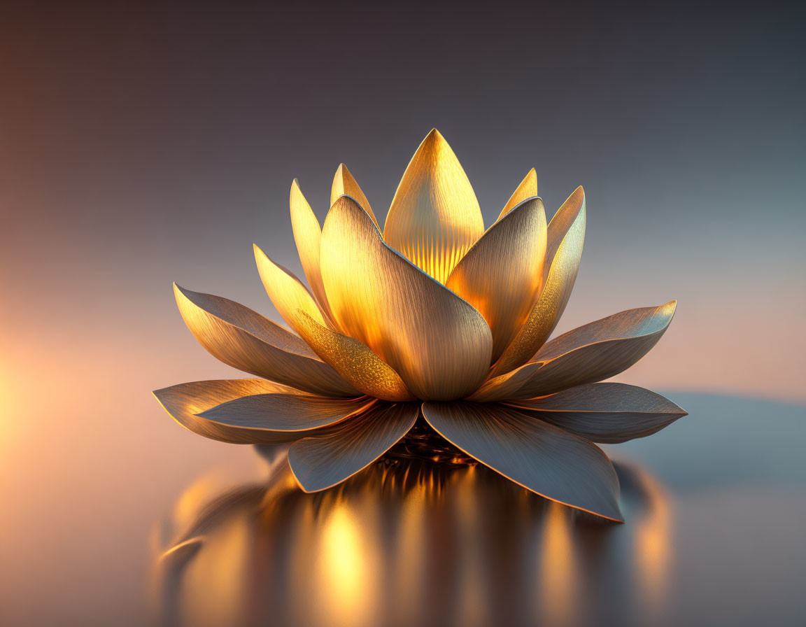 Digitally rendered lotus flower with golden glow and intricate textures on petals