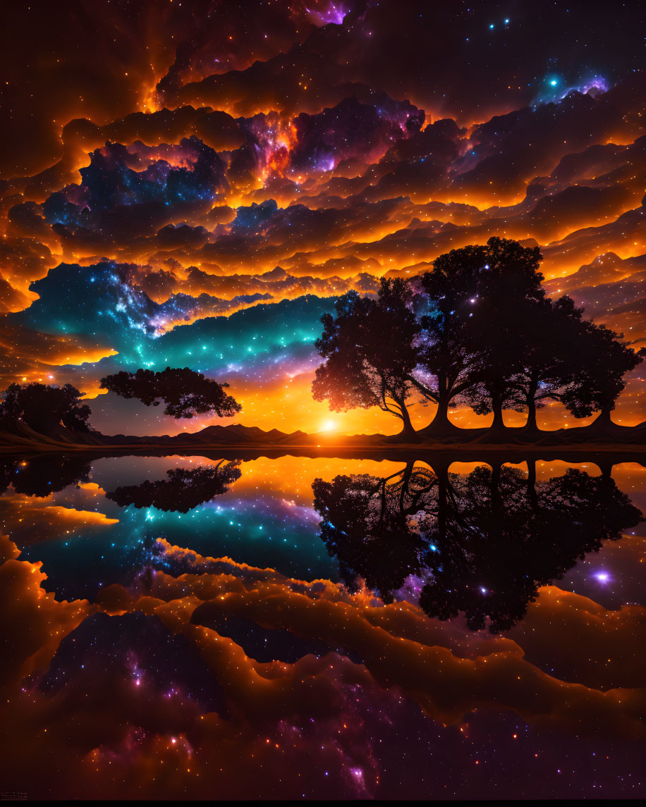 Vibrant starry night sky reflected in tranquil water