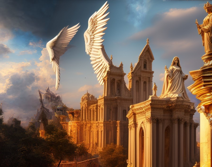 Radiant celestial bird flying near golden statues on ornate structures