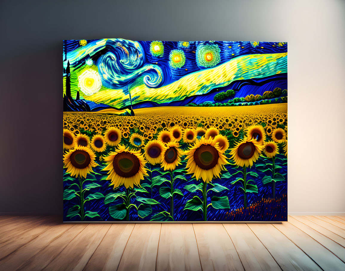 Starry Night Sky Painting with Sunflowers in Room