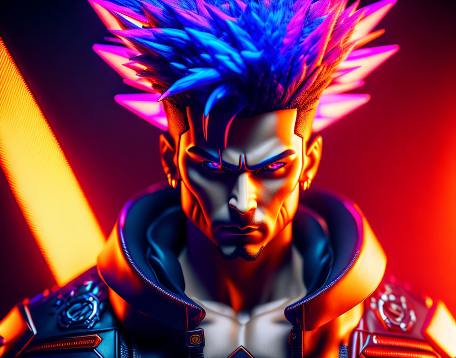 Digital artwork: Character with blue hair, orange eyes, futuristic attire on red-orange background