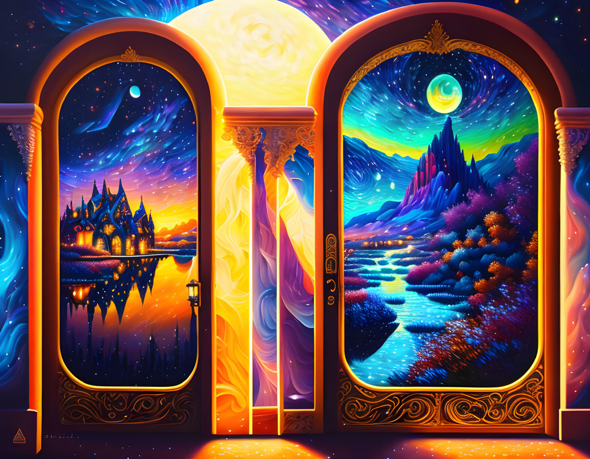 Fantasy Artwork: Arched Windows Display Day and Night Landscapes