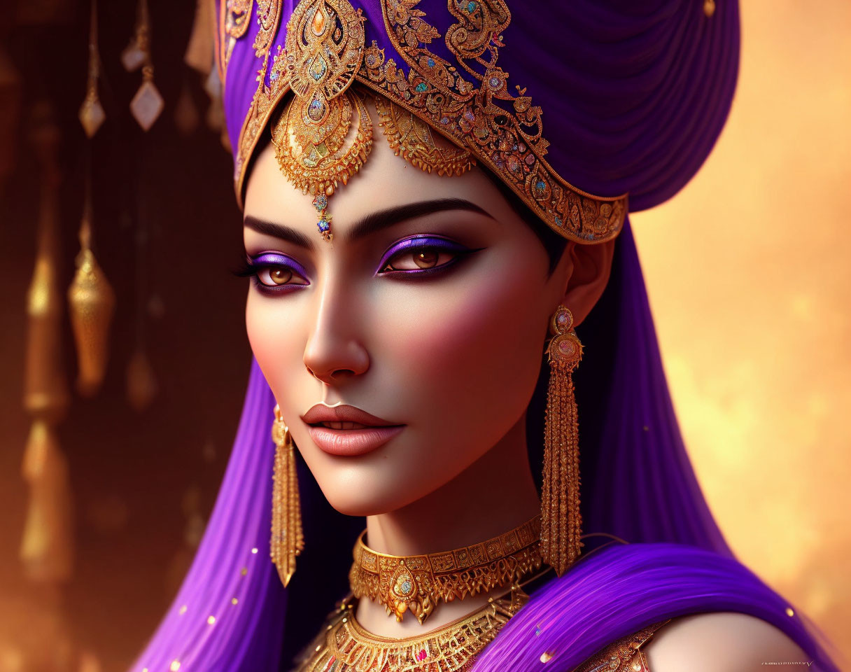 Digital artwork: Woman with purple headwear and golden jewelry on amber backdrop