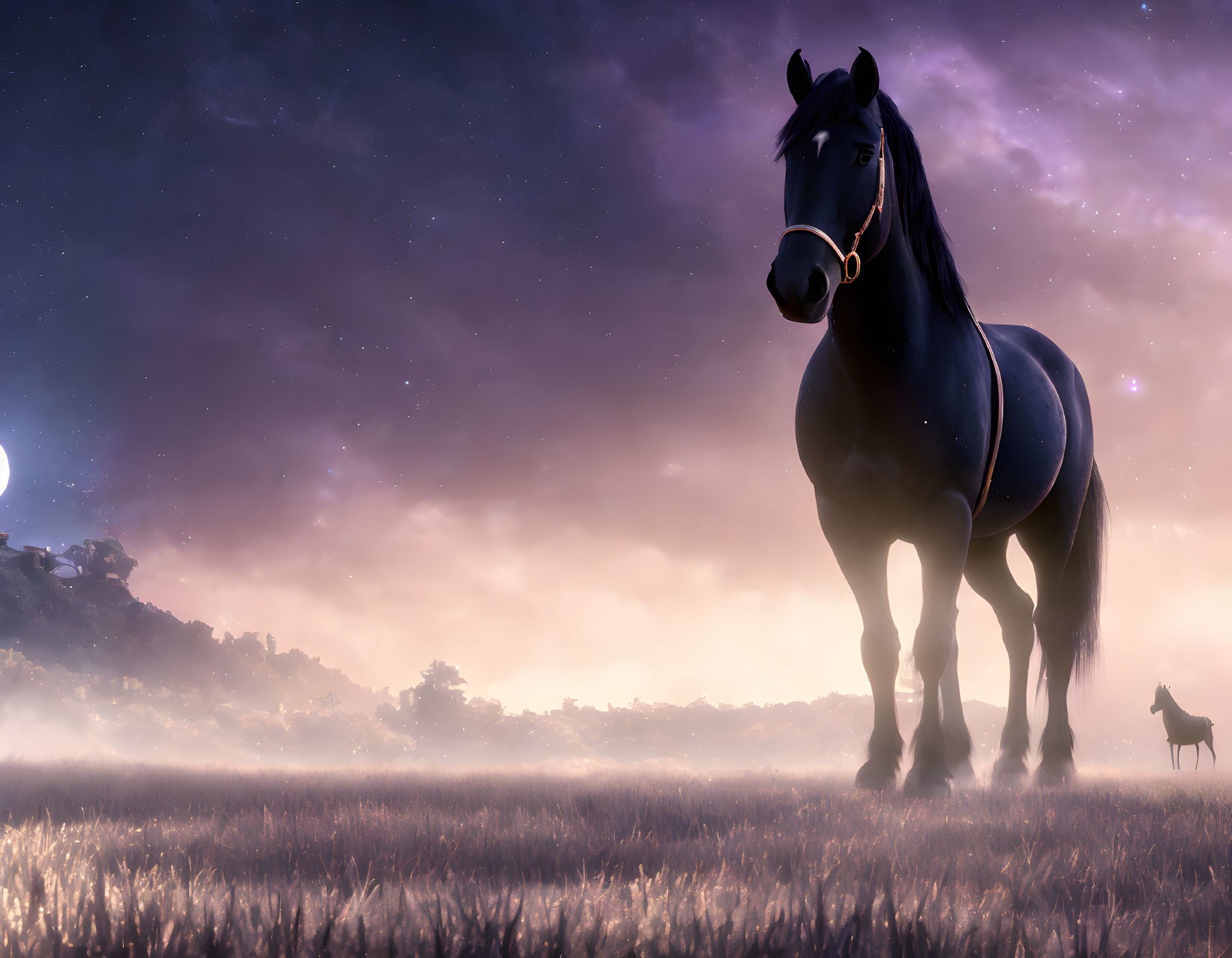 Majestic Black Horse in Purple Field with Dog at Twilight