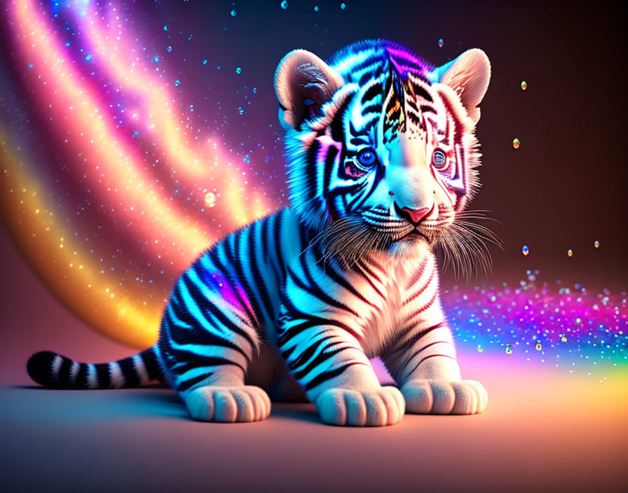 Neon-lit tiger cub on colorful backdrop with sparkles