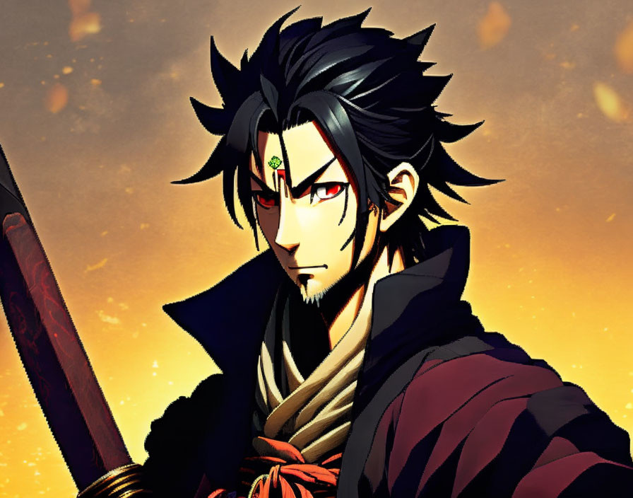 Spiky black hair, red eye, jewel, sword on fiery golden backdrop