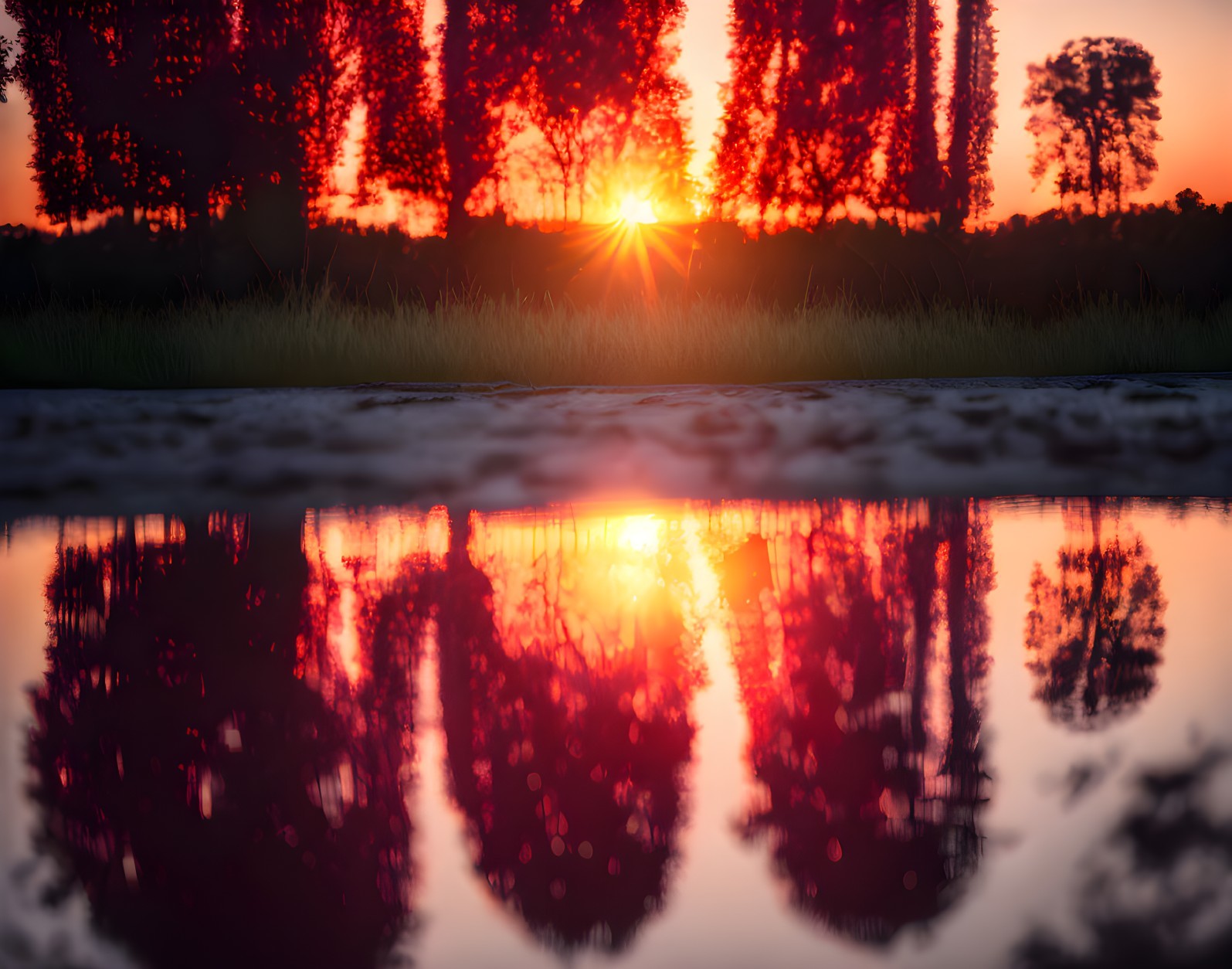 Vivid red and orange sunset over silhouetted trees and water surface