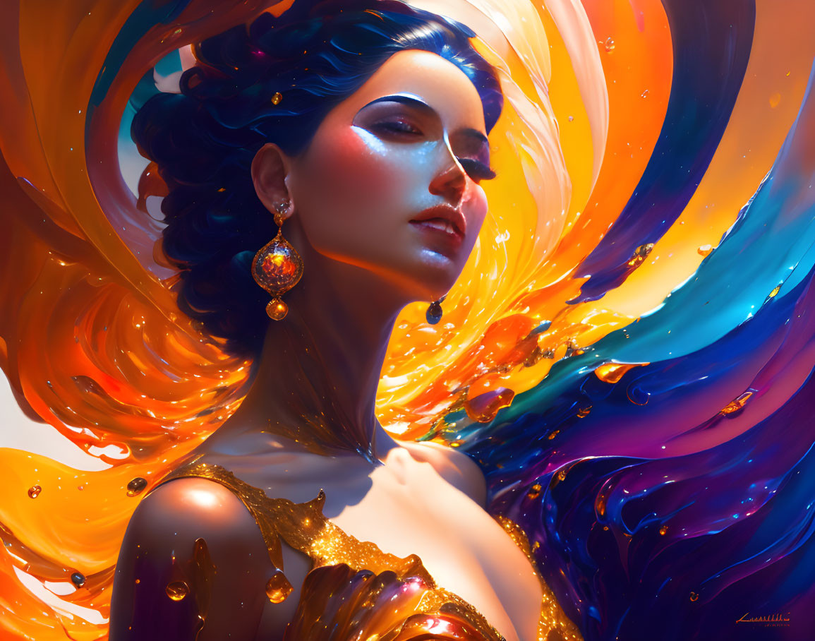 Colorful digital artwork: Woman with flowing hair and dress in dynamic swirls of blues, oranges,