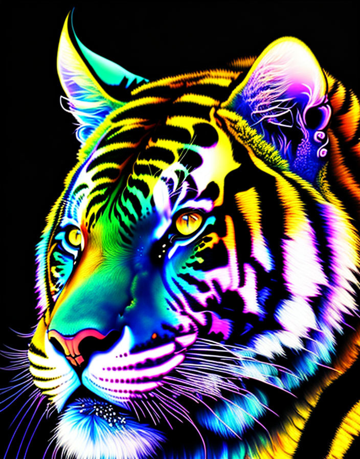 Colorful neon tiger portrait on black background