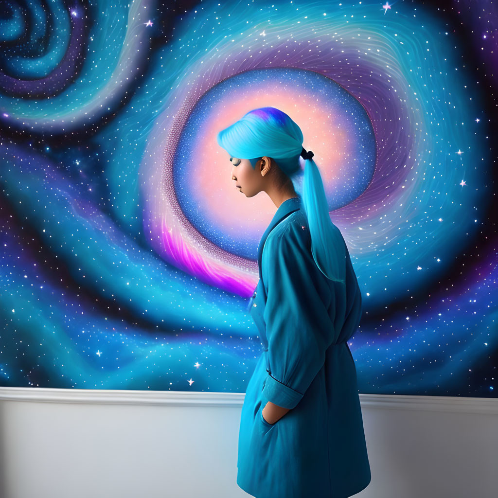 Blue-haired person in contemplative pose before cosmic mural