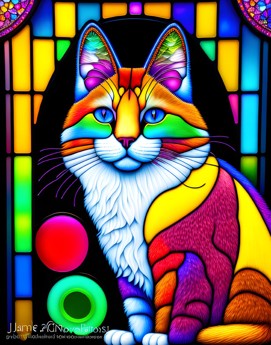 Vibrant cat illustration with multicolored fur and stained glass backdrop