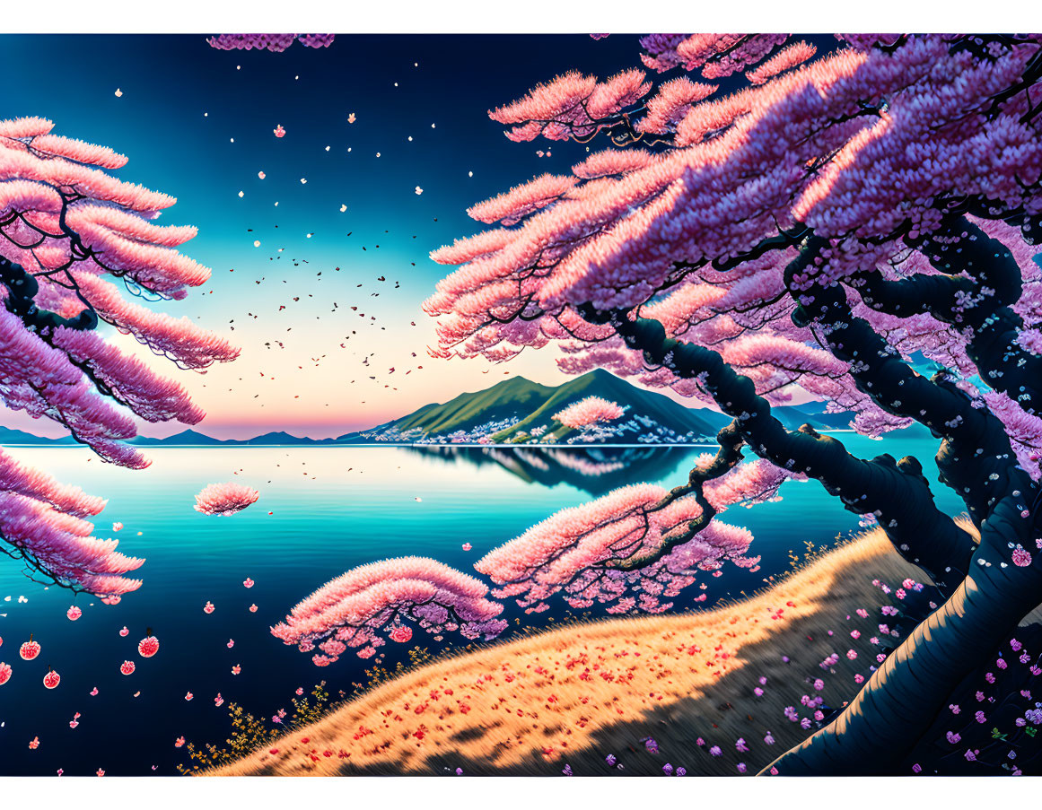 Cherry Blossom Trees Illustration by Tranquil Lake