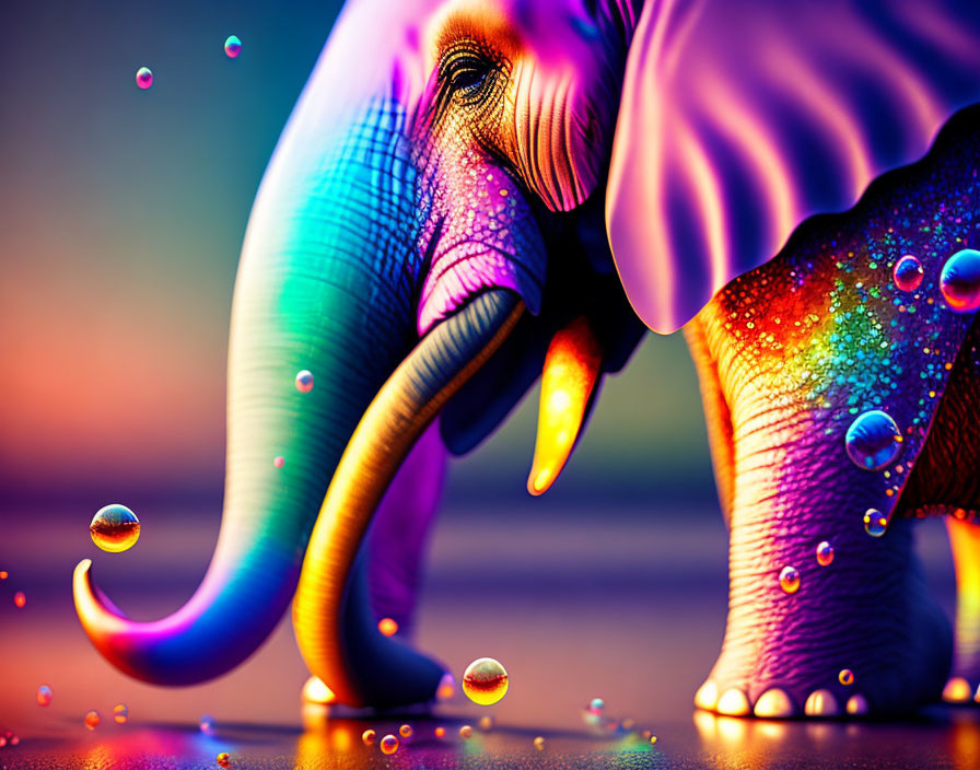 Vibrant rainbow-hued elephant artwork with shimmering water droplets