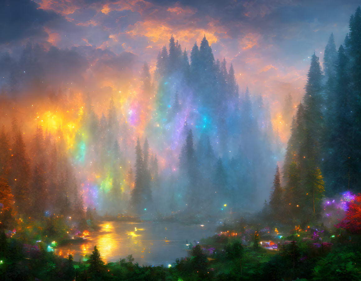 Luminous forest reflecting in serene lake under dreamy sky