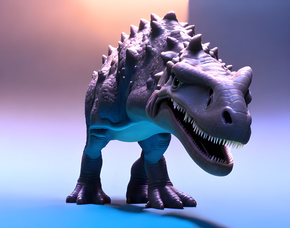 Stylized cartoon dinosaur with spikes on blue and purple gradient background