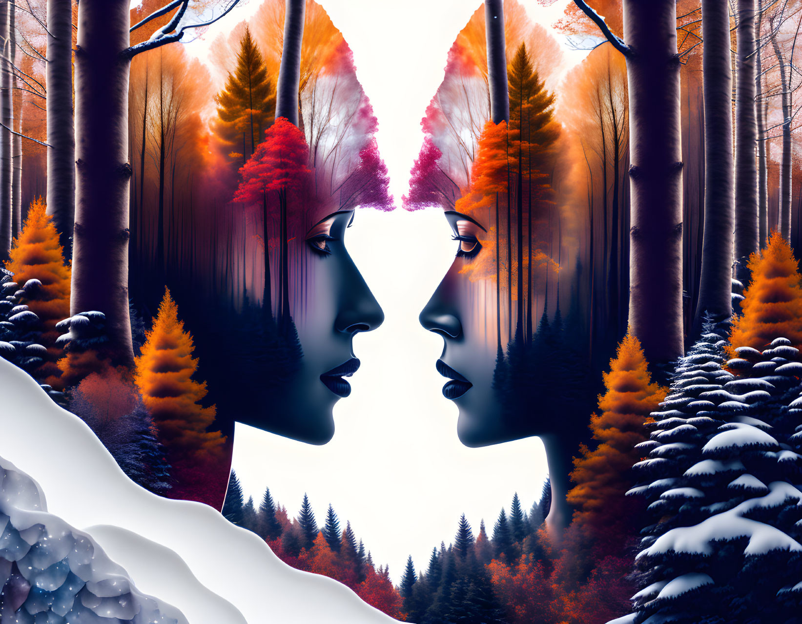 Mirrored woman's profile silhouettes with autumn and winter forest scenes.