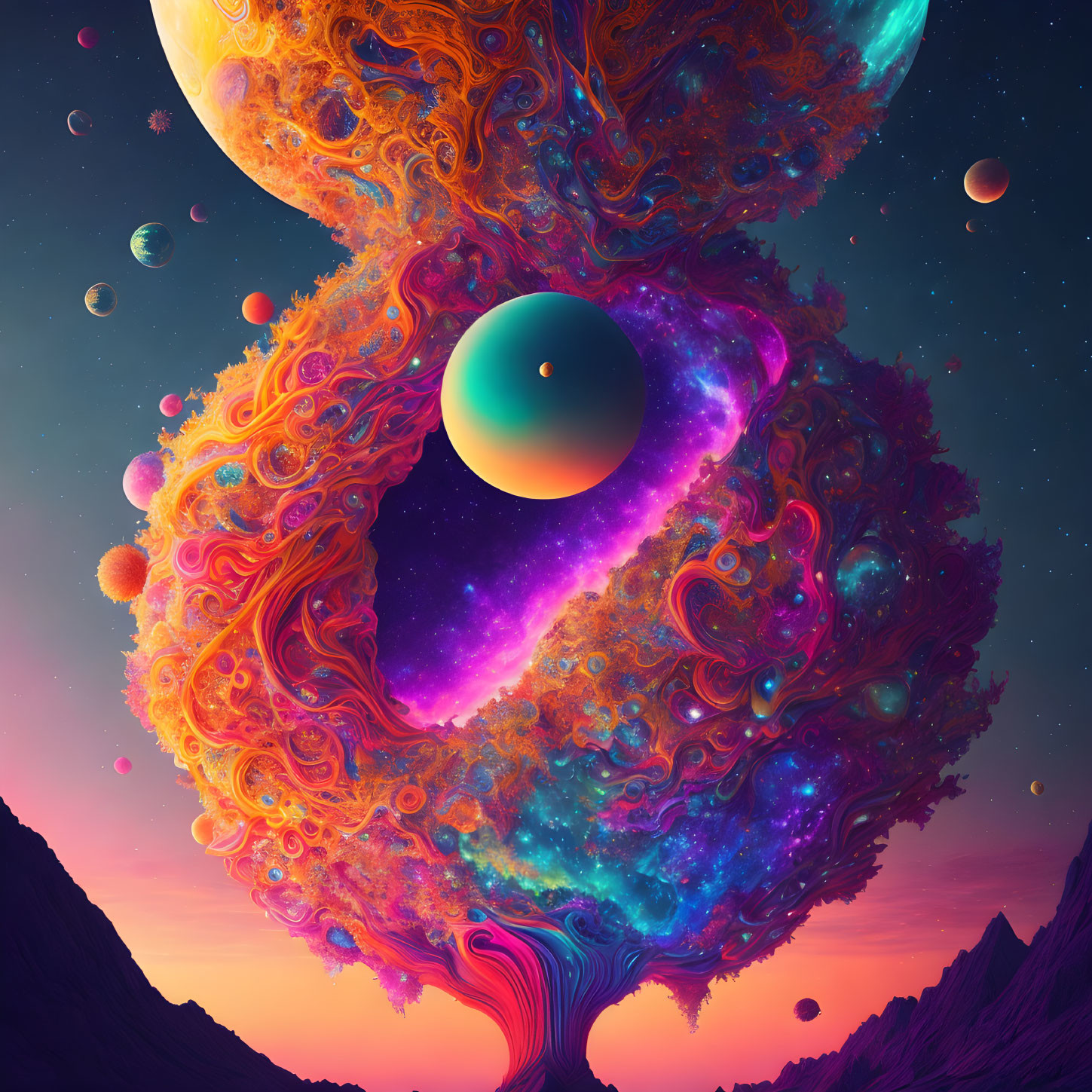 Vibrant surreal tree with cosmic and fiery elements in twilight landscape