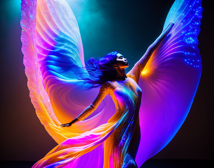 Colorful Butterfly Wings Person in Dynamic Pose on Dark Background