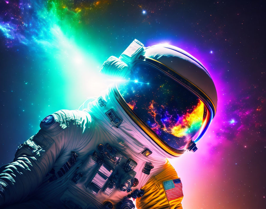 Astronaut in space suit with cosmic background and reflection.