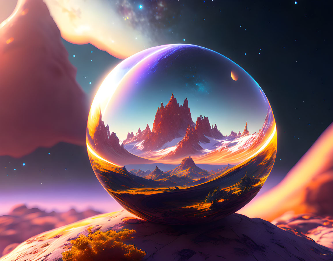 Surreal landscape with reflective sphere, mountainous scene, starry sky, and celestial body