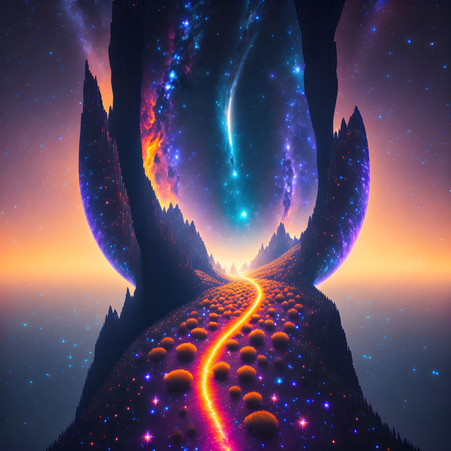 Fantastical landscape with glowing pathway to cosmic portal