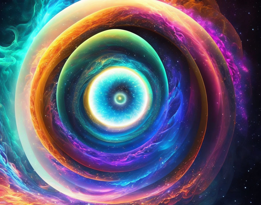 Colorful Spiral Galaxy with Eye at Core and Cosmic Clouds - Digital Artwork