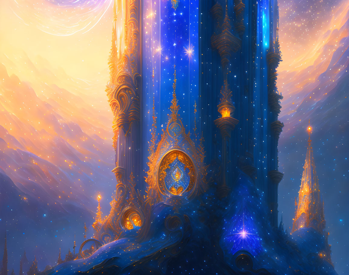 Glowing celestial castle in vibrant star-filled sky